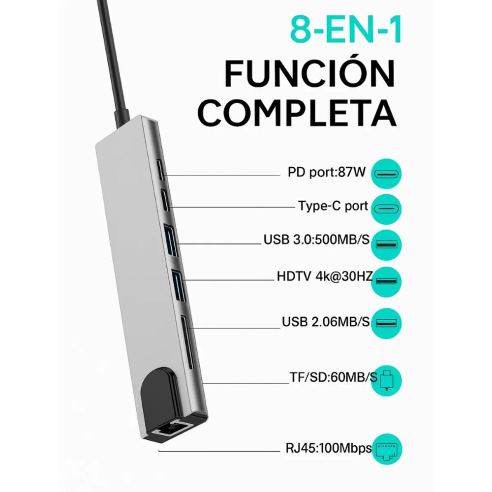Adaptador Tipo C - 8 en 1 HDTV 4K 