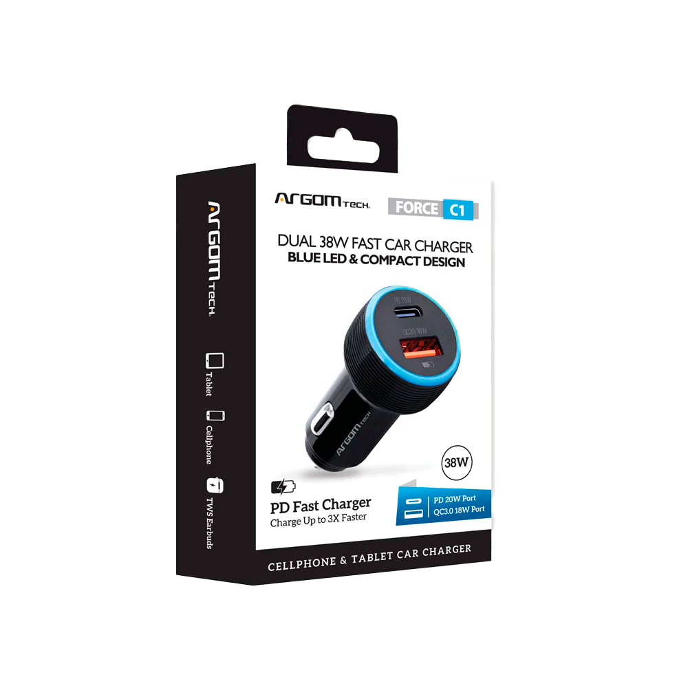 CARGADOR DUAL PARA AUTO TIPO C - USB FORCE C1 36W 