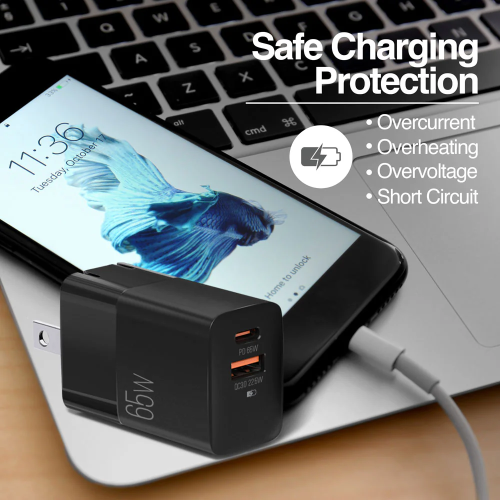 CARGADOR DUAL TIPO C - USB VOLTA P7 CARGA RAPIDA 65W 