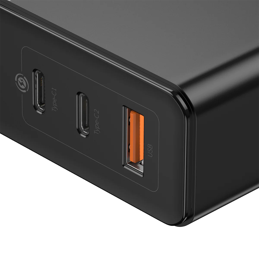 Cargador GaN 120W tres puertos con segundero negro